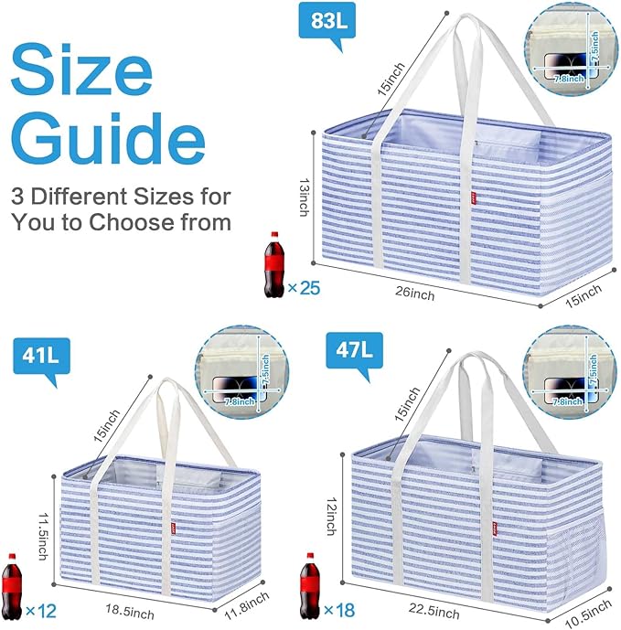LHZK Standing Extra Large Utility Tote Bag with Metal Wire Frame and the Sides Rinforced, Extra Large Tote Bag with Handle, Reusable Grocery Bags Foldable, Beach Bag, Car Tote (Blue) | Metal Wire Frame