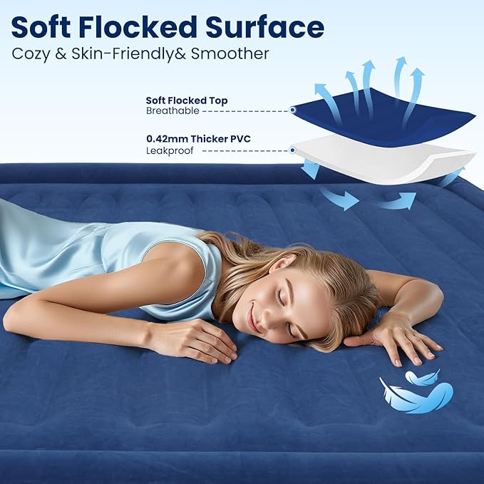 CHERIMOR Queen Air Mattress with Built in Pump, 18" Raised Comfort, Multi-Layer Leakproof, Heavy-Duty Support Blow Up Mattress, 800lbs High Capacity, 3 Min Inflation for Home Camping Guests
