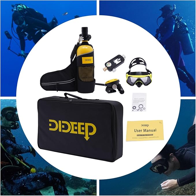 Scuba Tank Diving Gear for Diver, 1L Mini Scuba Tank Small Diving Oxygen Cylinder up to 20 Minutes Dive Time, Portable Diving Tank Kit for Underwater Exploration Emergency Rescue Pony Bottle (Model 1)