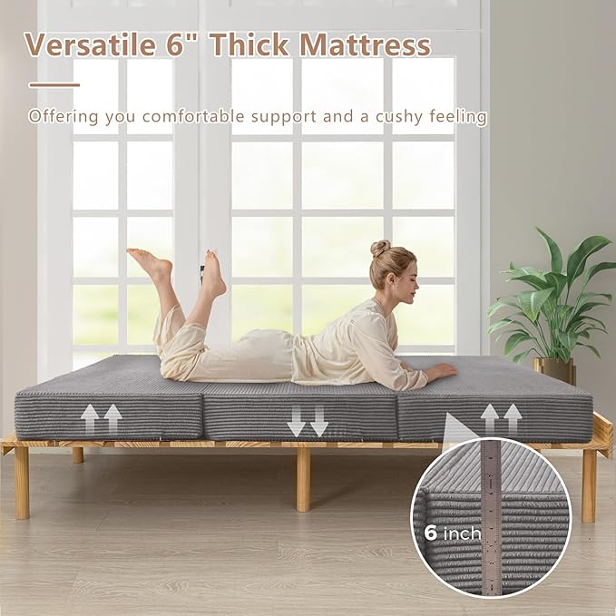 BYBYME Tri-Folding Corduroy Mattress, 6 Inches Gel Folding Mattress Topper, Foldable Soft Guest Bed Camping Pad, Washable Cover (Grey, Full)
