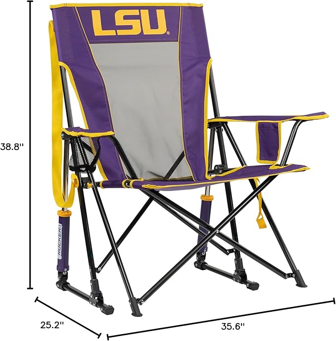 GCI Outdoor Comfort Pro Rocker Camping Chair | Portable Folding Rocking Chair with Durable Armrests & Drink Holder | Official Collegiate Licensed Sideline Sports Chair | LSU Tigers