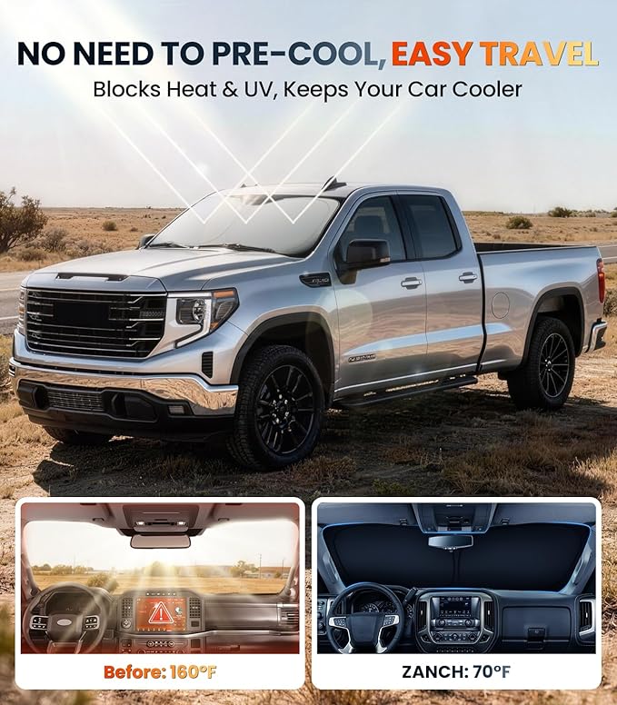Custom Windshield Sun Shade for GMC Sierra 1500/2500/3500 2019-2026, Zanch 7-Layer Heavy-Duty UV & Heat Block Protection, 3D Laser Scanned Instant Cooling, Foldable Truck Accessories
