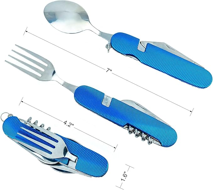 6-in-1 Multi-Function Camping Flatware Utensil Folding Knife Cutlery Detachable Pocket Kits with Carrying Pouch (Gold + Blue)