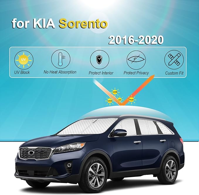 KMF 8pcs Thicken Sun Shades for Kia Sorento 2016-2020 Accessories, Custom Fit Full Car Window Covers Sunshade for Windshield Side Rear, UV Block and Blackout Privacy for Car Camping Outdoor
