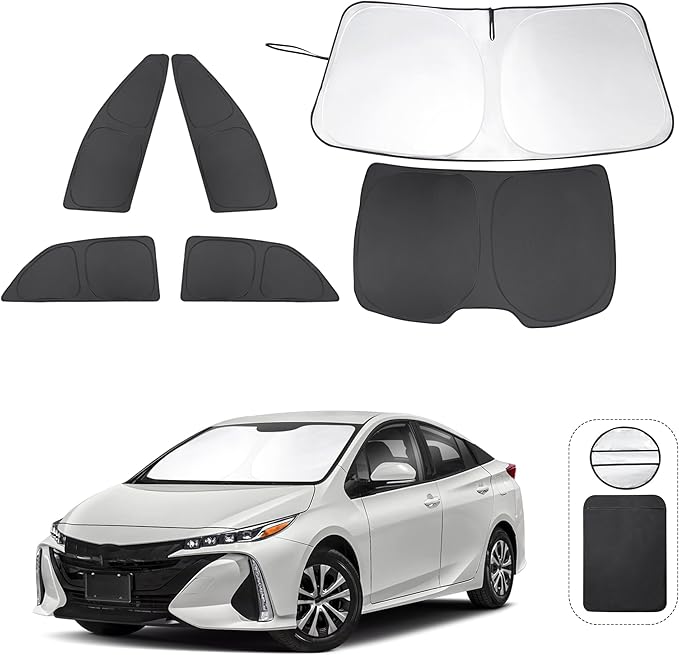 6PCS Windshield Sun Shade Custom Fit for 2023 2024 2025 2026 Toyota Prius Accessories Foldable Sunshade Side Rear Window Shade Cover Full Set Privacy Protection Keeps Car Cool