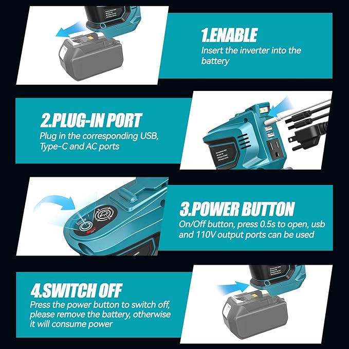 Ecarke 200W Portable Power Inverter Compatible with Makita 18V Battery, DC 18V to AC 110V Power Station with 1 AC Outlet, 2 USB, 1 Type-C & LED Light, for Outdoor Emergency Use (No Battery)