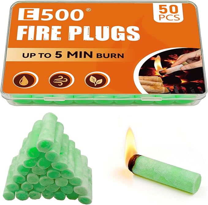 E500 Fire Plugs, 50 Pack All-Natural Fire Starters, Non-Toxic & Odor-Free, Long Burn Fire Starter for Camping, Fire Pits, BBQ & Emergency