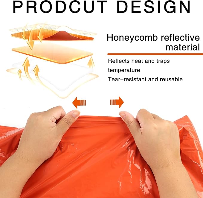 Emergency Sleeping Bags for Survival with Carabiner, 84"X36" Outdoor PE Orange Emergency Sleeping Bag, Ideal for Sudden Snowstorm During Camping, Providing Warmth to Survivors in Disaster Area