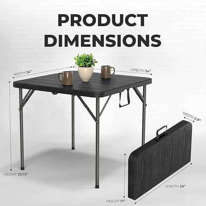 Our Modern Space 34" Square Foldable Table with Built in Handle & Steel Legs | Heavy Duty Portable | Perfect for Party, Dining, Wedding, Events, Picnic Indoor, Outdoor, Camping, Utility, Temporary