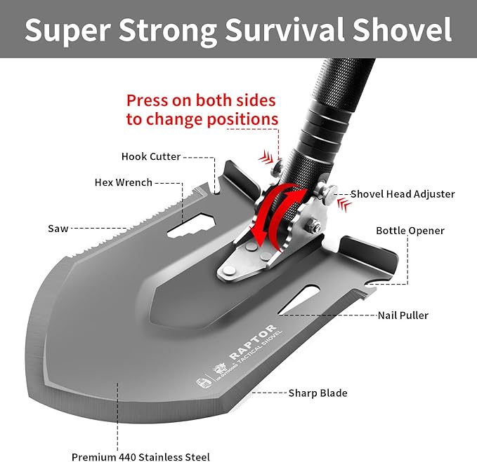 HX OUTDOORS Survival Tactical Shovel, Multifunctional Folding Camping Shovels, Foldable Camp Shovel with Aluminium Alloy Handle (Black)