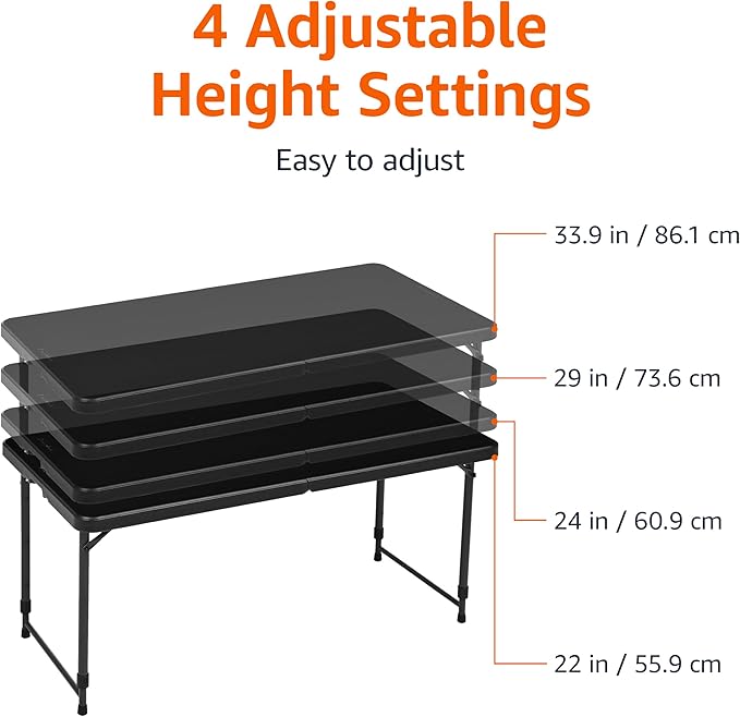 Amazon Basics Portable 4 Ft Rectangular Folding Dining Table, 4 Adjustable Height Settings, Space Saving Fold-in-Half Design and Carrying Handle, Indoor & Outdoor, Washed Black, 47.8 x 23.9 x 33.9 in