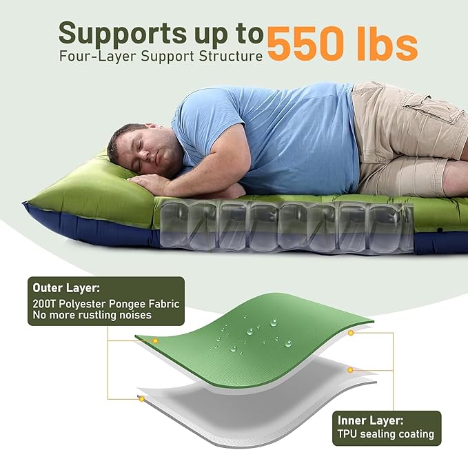 KASBAH Camping Sleeping Pad,Extra Wide 6 inch Thick Inflatable Sleeping Pads with Built-in Foot Pump and Pillow,Ultralight Camping Mat Gear for Outdoor Hiking,Camping