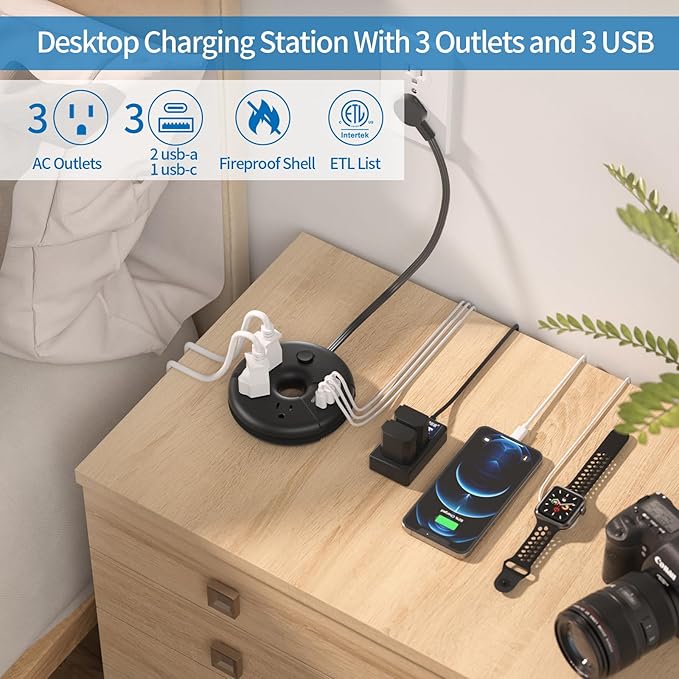 Travel Power Strip, NTONPOWER Portable Charging Station 3 USB Without Surge Protector Short Extension Cord 15 inches Compact for Home, Office, Cruise Ships, Business Trip, Hotels, Black