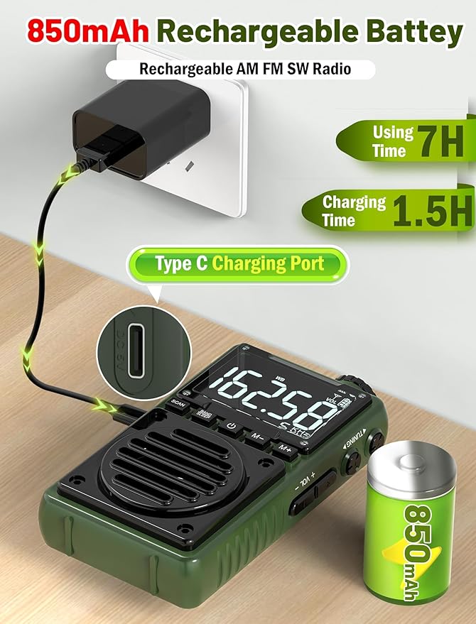 Digital AM FM Weather Band Radio with Flashlight,850mAh Rechargeable Portable Pocket Radio with Best Reception,LCD Screen, Back Clip,Stereo Earphone Jack, SOS Alarm,Sleep Timer for Jogging,Walking