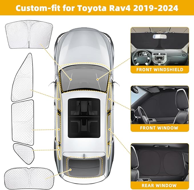 ZATOTOO Car Window Shades Toyota RAV4 2019-2024 Custom Sun Shades Full Set Front Side Rear Triangle Window Covers Total Blackout Privacy & UV Protection Heat Blocking for Camping Napping Long Parking
