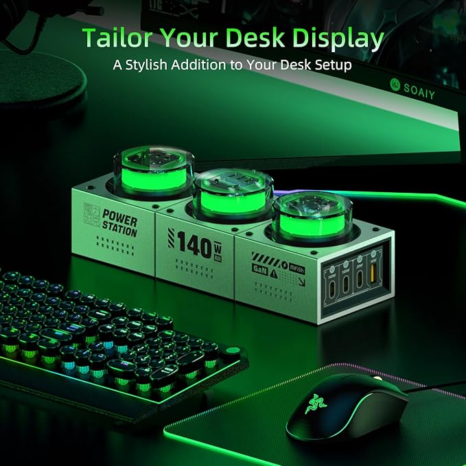 Mfish E-Tank 140W GaN Desktop Charging Station, 7-in-1 Charging Hub with 3 AC Outlets & 4 USB-C Ports (Up to 140W PD 3.1), RGB Desk Power Hub for Gaming Setup, Creator Workstation & Home Office