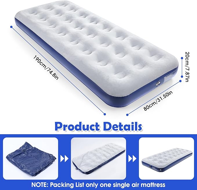 Camping Air Mattress Inflatable Air Bed Flocked Surface Travel Bed Sleeping Pad Air Bed for Outdoor Camping Tent Guest Travelling