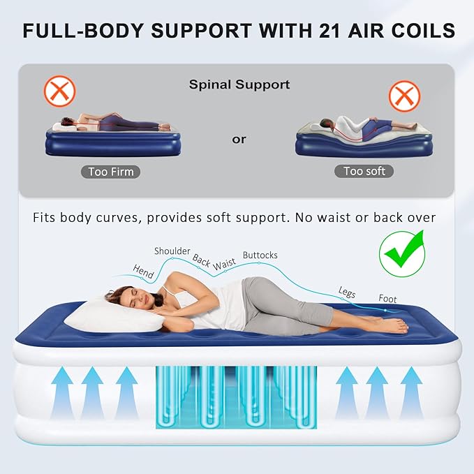 Twin Air Mattress with Built in Pump, 18" Raised Inflatable Mattress, Self Inflating Blow Up Bed, Comfort Portable Air Bed with Carry Bag for Camping, Home, Guests, Travel 550 lbs Max