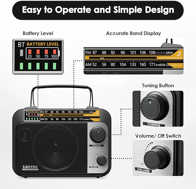 LEOTEC AM FM Radio with Bluetooth,Portable Vintage Transistor Radio Rechargeable Battery/4 AA Cell Battery Operated/Plug in Wall,AUX,Big Speaker,Headphone Small Gifts for Senior