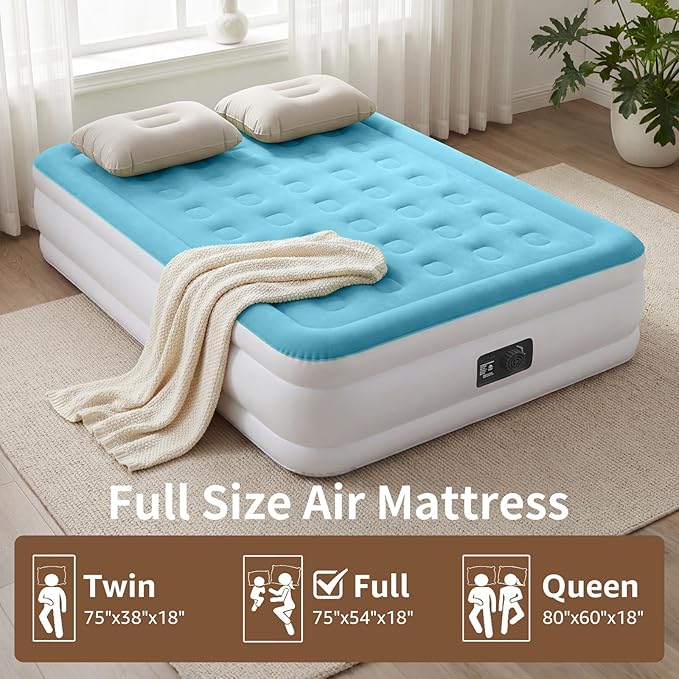 YENING Full Size Air Mattress with Built in Pump Raised Double Blow up Bed Inflatable Camping Airbed Electric 18 Inch Tall Blue