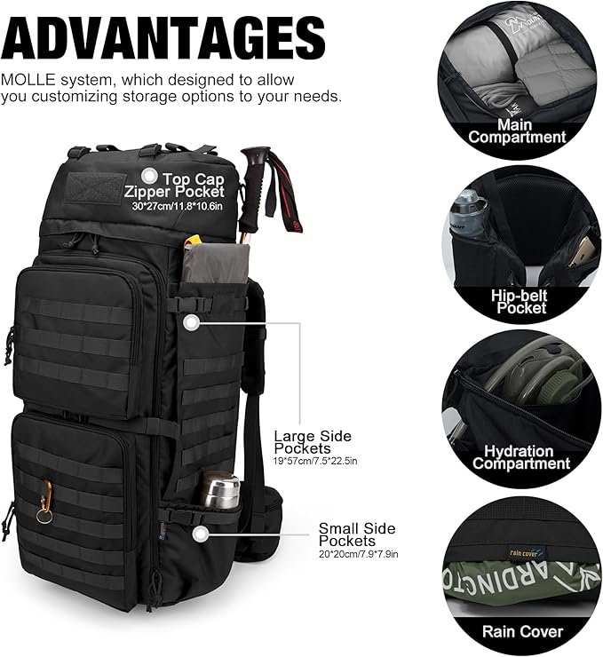Mardingtop 75L Molle Hiking Internal Frame Backpacks with Rain Cover for Camping,Backpacking,Travelling(Black)