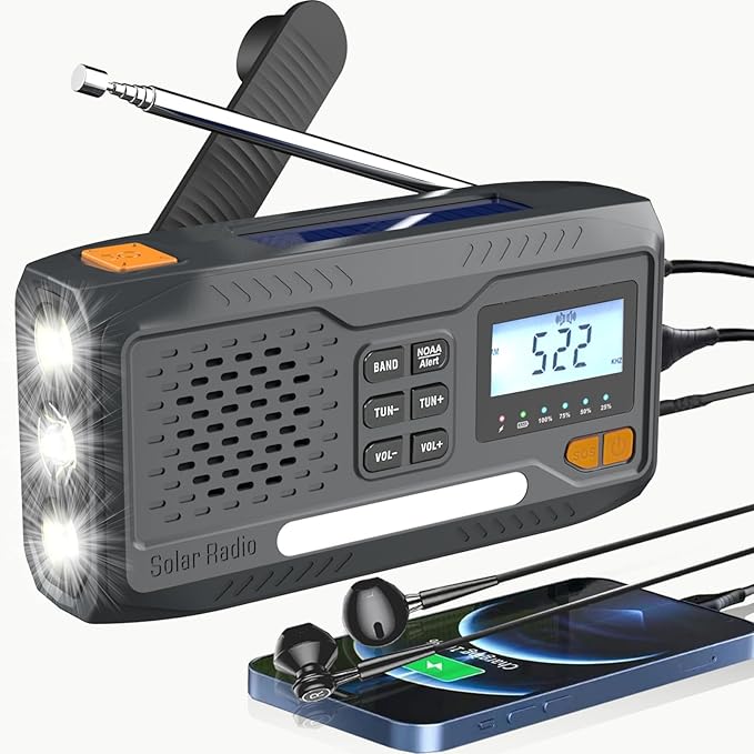Emergency Hand Crank Radio, 7400mWh Solar Weather Radio with AM/FM/NOAA, Battery Powered Radio with Cell Phone Charger, Digital Display, Flashlight, Headphone Jack & SOS Alarm for Outdoor/Survival