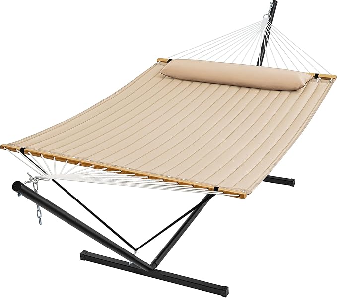SUPERJARE Hammock with Stand, 2 Person Quilted Outdoor Hammock, Detachable Pillow & Bamboo Spreaders, Portable Hammock with Carrying Bag, Heavy Duty Stand, Perfect for Outside, Patio, Beige