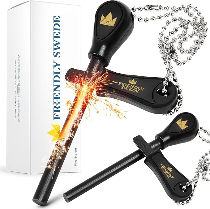 The Friendly Swede Ferro Rod Fire Starter Tool 2-Pack — Flint and Steel Fire Starter Survival Tool with Long Ferro Rod - Weatherproof Firestarter for Camping, Hiking & BBQs - Ergonomic Handle