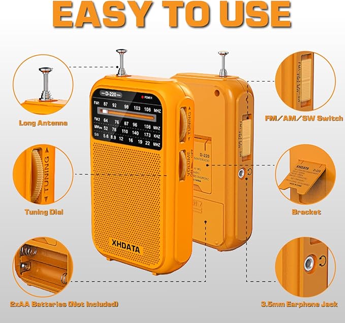 XHDATA D220 Portable Radio AM FM SW Shortwave Receiver Pocket Radios, 2AA Battery Operated Transistor Radio with Excellent Reception for Gift, Family, Elder (Orange)