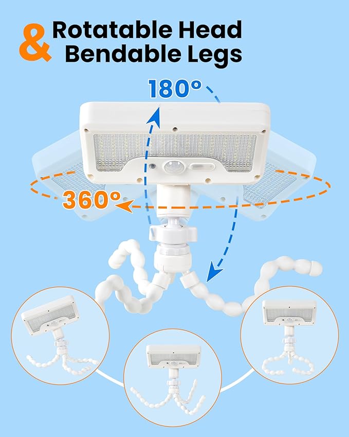 Motion Sensor Outdoor Lights with Flexible Octopus Tripod - 600LM Solar Sercurity Lights Waterproof, Dual Charging Solar Ourdoor Light for Camping,Fence, Patio (1Pack White)