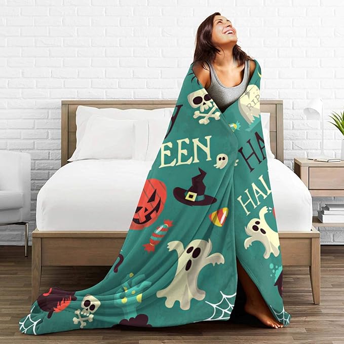 Happy Halloween Blanket Soft Ghost Bat Throw Blanket Spooky Decor Warm Lightweight Flannel Fleece Plush Bedding Halloween Blanket Gifts for Girls Boys Women Adults 60"x80"