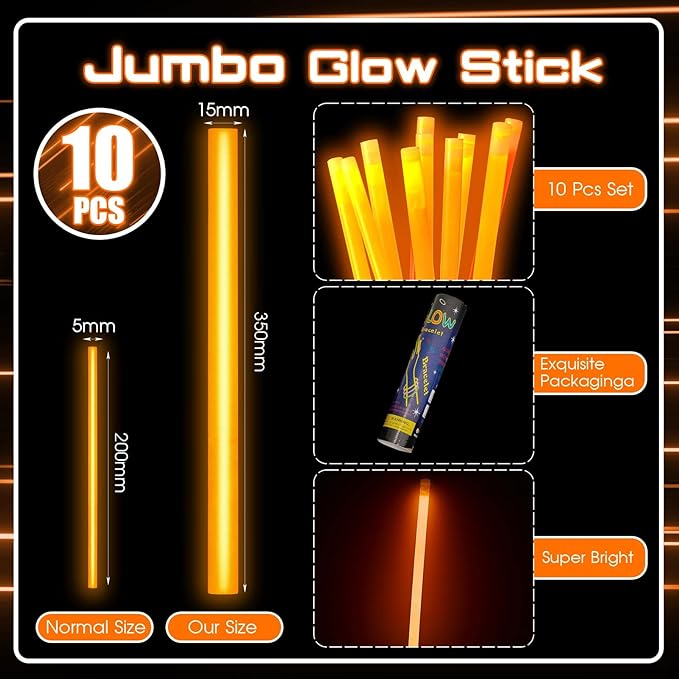 Lewtemi 10 Pcs Large Glow Sticks Big Giant Jumbo Halloween Christmas Emergency Light Stick for Camping Accessories, Survival Kit