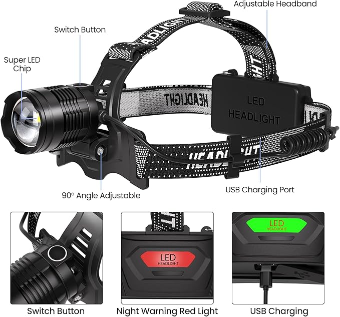 azamine LED Headlamp Rechargeable 2Pack, 99000 Lumens Bright Head Lamp, 90° Adjustable Head Lights for Forehead with 3 Modes, Long Runtime & Waterproof Headlamps for Adults Camping Hiking
