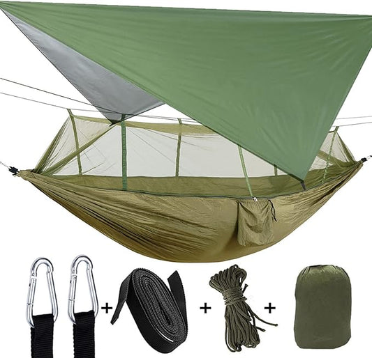 Camping Hammock, Double & Single Portable Hammock with Tree Straps, Lightweight Nylon Hammock Swing Set with Net and Rain Fly Tarp and Pocket for Backpacking Hiking Travel Outdoor(ArmyGreen)