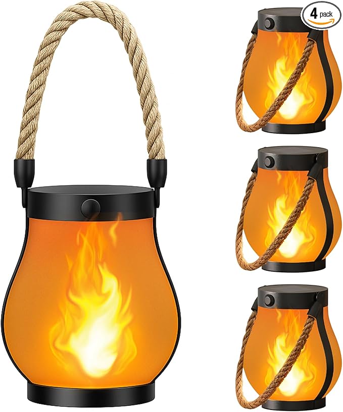 Hompavo Gen2 Solar Lanterns Outdoor with Ultra-Real Flame, Dual Charging (USB/Solar) & 2 Mode - Waterproof Decorative Hanging/Table Lights for Yard Patio Garden Birthday Mothers Day Gifts for Women, 4