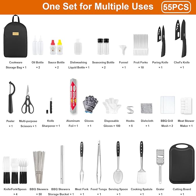 Camping Accessories Kitchen Cooking Utensils Set - Portable Outdoor Camp Cookware Set, Camper Essentials Gear Must Have Supplies for Travel RV BBQ Grill Picnic Hiking
