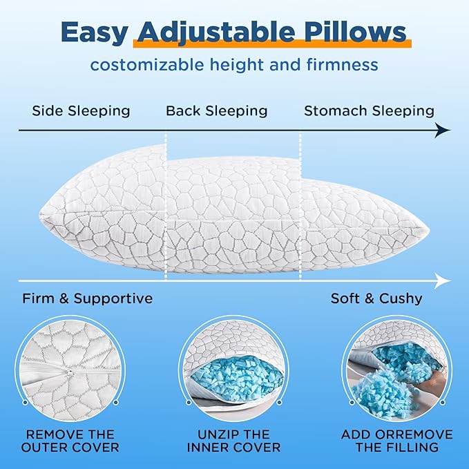 Cooling Pillow Standard Size 1 Pack, Adjustable Bed Pillows for Sleeping, Luxury Shredded Memory Foam Pillows, Soft and Supportive Firm Pillow for Side,Back, Stomach Sleepers, Gifts for Hot Sleepers