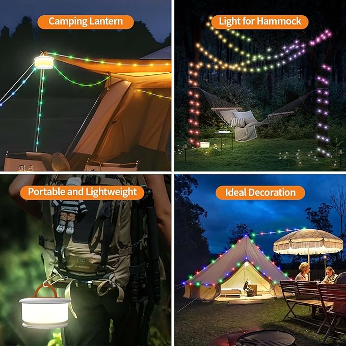 TOHETO Camping String Lights, 3 in 1 Upgraded Retractable RGB Outdoor String Lights with 19 Lighting Modes,Quick 30s Recovery, 32.8 FT Portable Tent Lights, Rechargeable Camping Lantern (White&Orange)