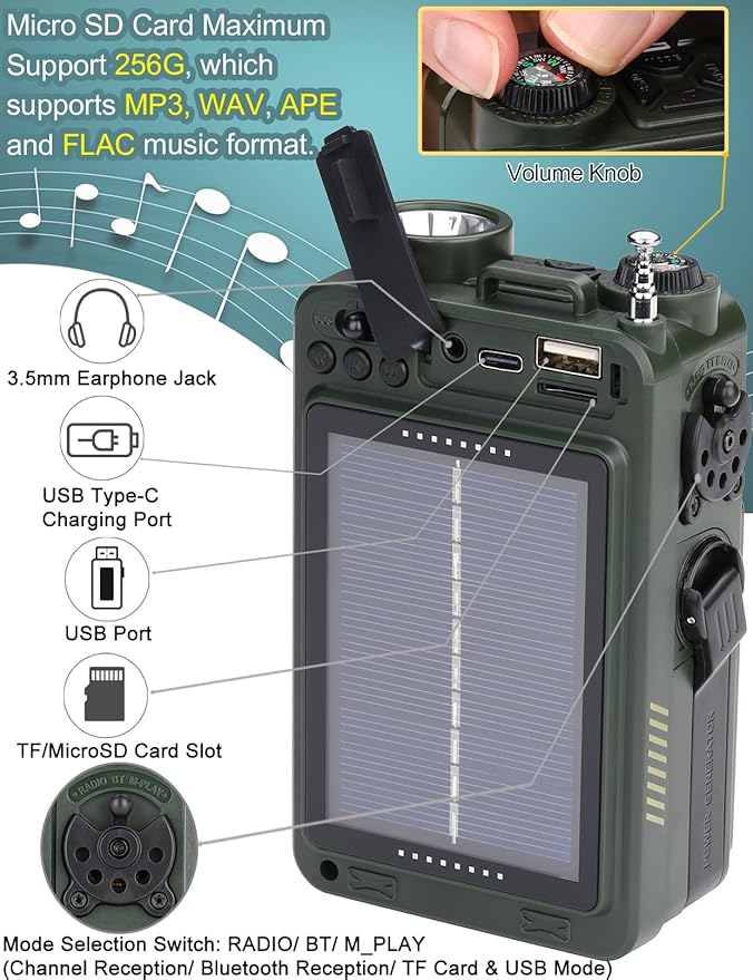 ZHIWHIS Shortwave Radio with Bluetooth, AM/FM/SW/NOAA Weather Emergency Radios, Hand Crank/Solar/4000mAh/SOS/White Noise/Bass/Flashlight/Retro Receiver with Preset, Support USB/TF ZWS-702X