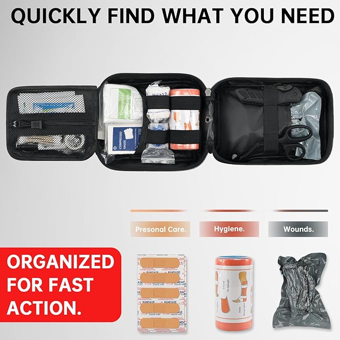 Trauma First Aid Kit, Compact Tactical IFAK Emergency Survival Kits Hemostatic Combat Wound Care Molle Pouch with Israeli Bandage, Chest Seal, Splint for Military, Black