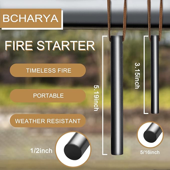 BCHARYA Fire Starter Survival Tool, Ferro Rod Kit with Leather Neck Lanyard and Multi-Tool Striker, Flint and Steel Survival Igniter with Tinder Rope and Tab for Camping, Hiking and Emergency