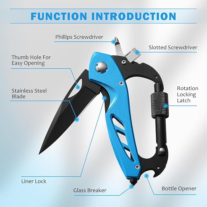Multitool Carabiner with Pocket Knife, Stocking Stuffers Gifts for Men,6-in-1 Multi Tools with Window Breaker, Bottle Opener and Screwdriver, Survival Gear for Camping Hiking(Blue）