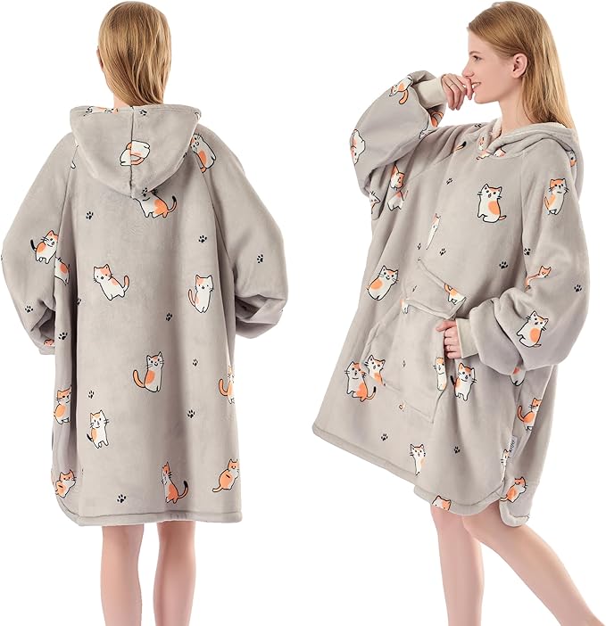 Krifey Wearable Blanket Hoodie, Oversized Sherpa Fleece Sweatshirt with Giant Pocket, Birthday Gifts for Women, Mom, Sister, Chill Cat
