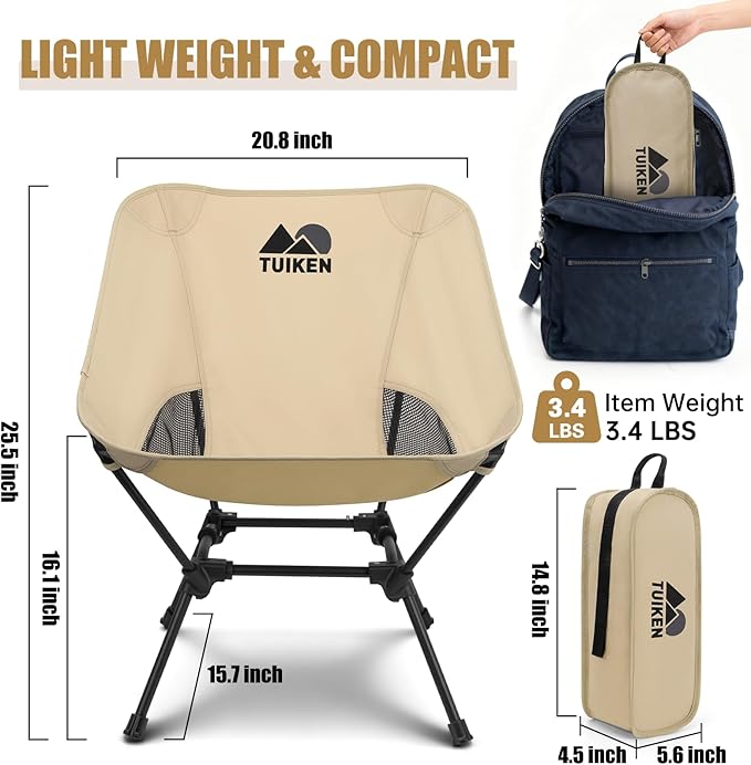 Ultralight Camping Chair Backpacking Chair, Portable Camp Chair with Cup Holder & Storage Bag, Lightweight Compact Folding Chair for Hiking, Travel, Picnic Mountaineering (Light Brown)