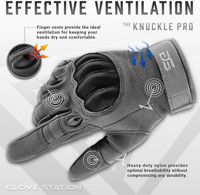 Glove Station Tactical Gloves for Men – Touchscreen Utility Gear with Hard Knuckle Protection Used in Motorcycle, Airsoft, Combat, Police, Shooting & Outdoor Work Gray - Hard Knuckle Medium