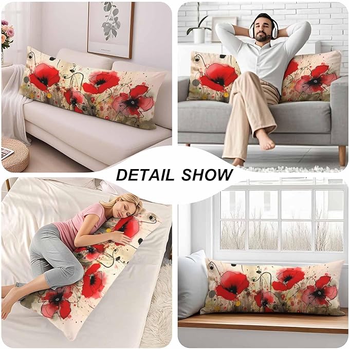 Red Poppy Decorative Body Pillowcase 20"X54", Watercolor Poppies Red Outdoor Body Pillow Covers Throw Pillow Cushion Covers Oversized Body Pillow Cases for Home Patio Office