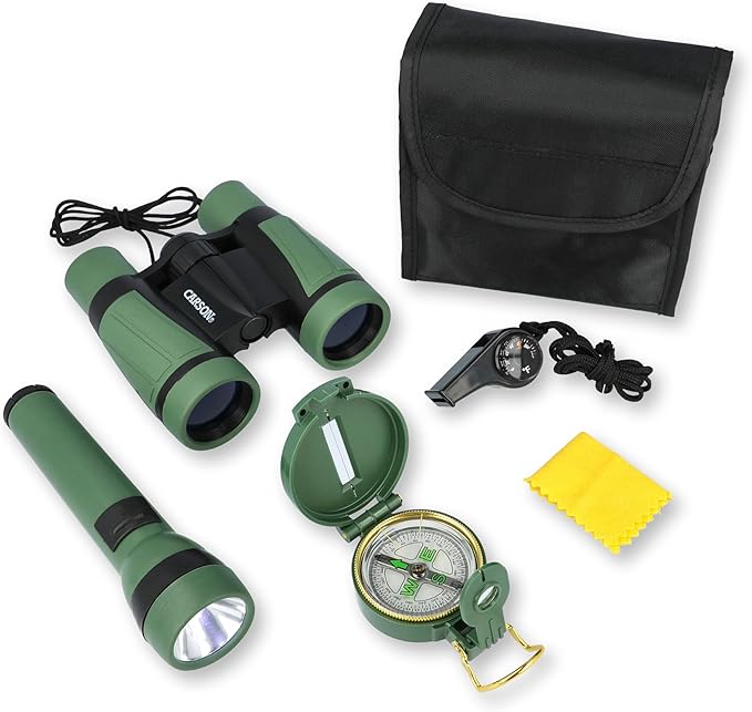 Carson AdventurePak Containing 30mm Kids Field Binoculars, Lensatic Compass, Flashlight and Signal Whistle with a Built-in Thermometer (HU-401), Multicolor