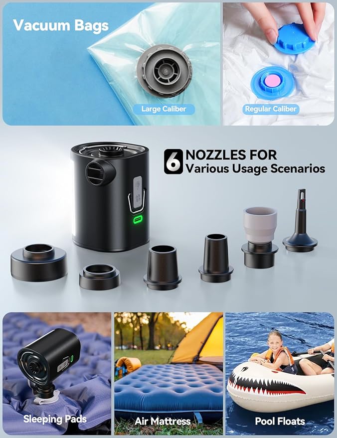 JOYROOM Air Pump for Inflatables, 3600 mAh Battery & Camping Light Portable Air Pump, 4.8kPa Ultra-Fast and Mini Electric Air Mattress Pump