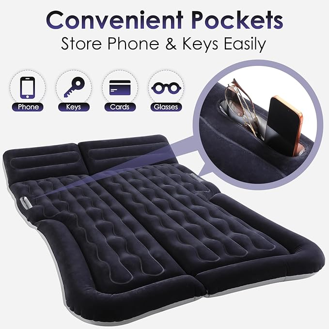 Eooqi Inflatable Car Air Mattress for SUV, Sedan, Truck & Minivan, Back Seat Car Bed for Car Camping & Travel, Portable Mattress with earplugs, Window Screens, Eye Mask & Storage Bags