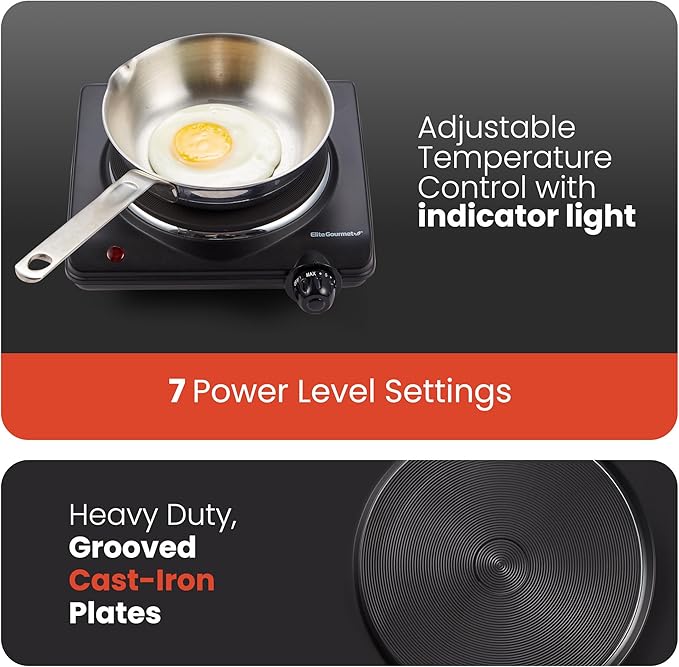 Elite Gourmet ESB-301BF# Countertop Single Cast Iron Burner,1000 Watts Electric Hot Plate,Temperature Controls,Power Indicator Lights,Easy to Clean,Black,(Pack of 4)